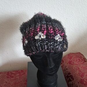 Betsey Johnson Embellished Knit Beanie Hat - Black & Pink